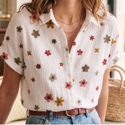 Musselin Skjorte - Kort �rme - Multi blomst