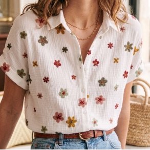 Musselin Skjorte - Kort �rme - Multi blomst