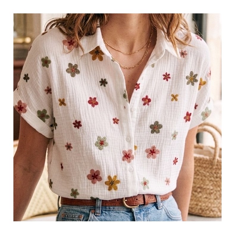Musselin Skjorte - Kort �rme - Multi blomst