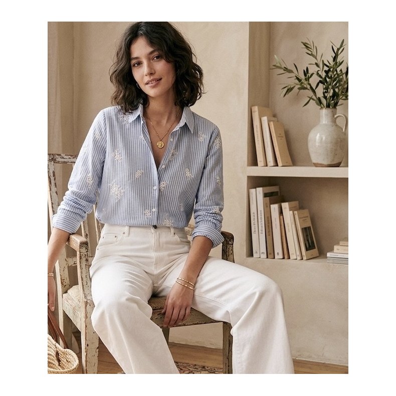 Bl� stribet m. broderi