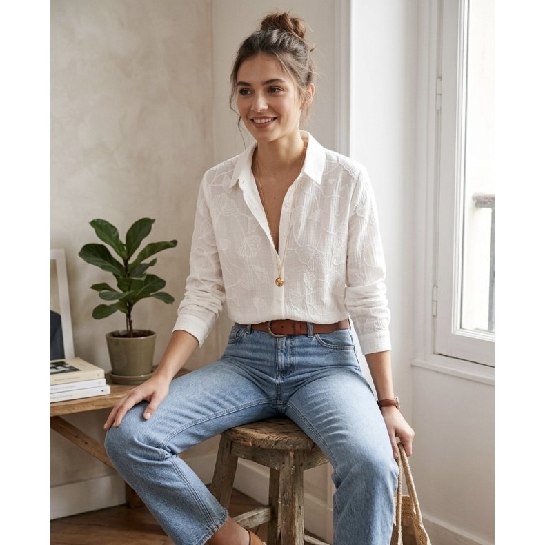 Bomuldskjorte - Hvid Broderi - Hvid