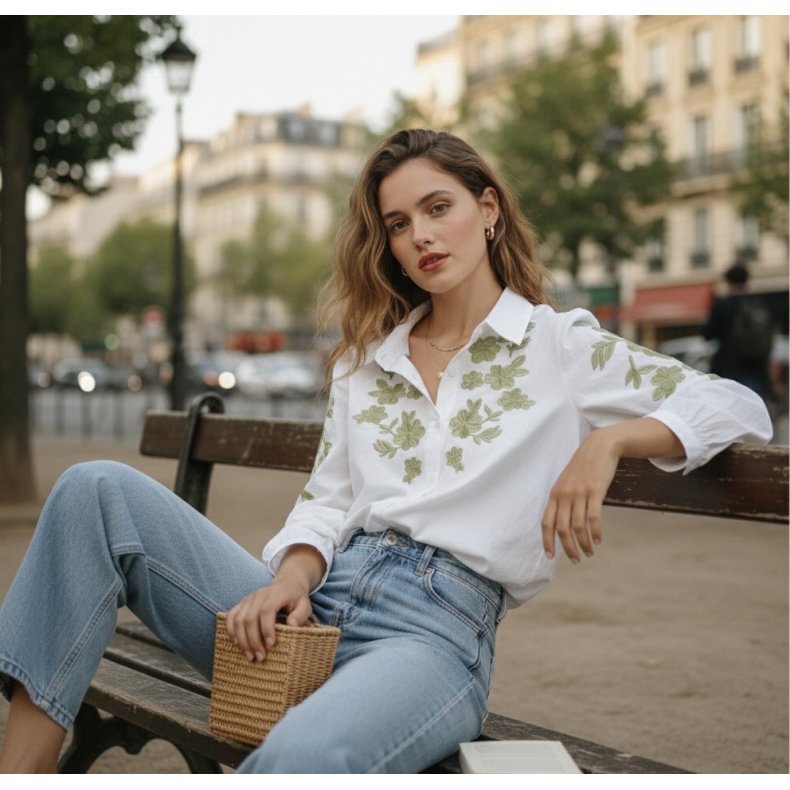 Bomuldsskjorte - Gr�n Broderi