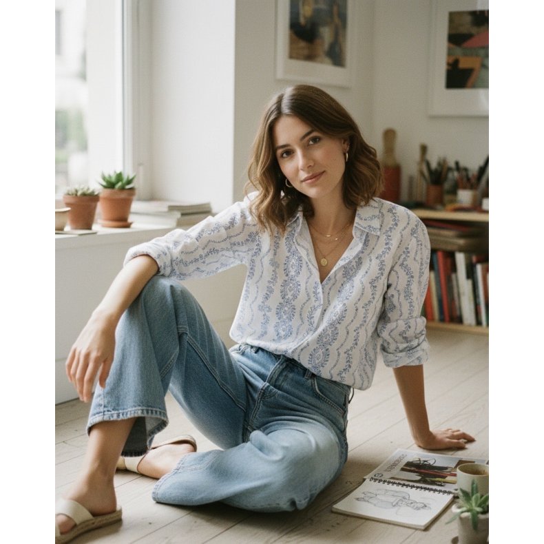 Bomuldskjorte - Hvid/bl� Print