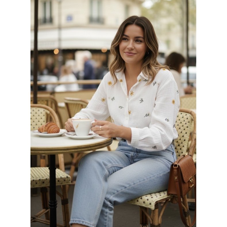 Bomuldsskjorte - Broderi Gule og gr�nne blomster