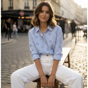 Bomuld skjorte - Broderi blomster - Bl� 