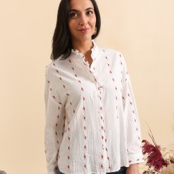 Bomuldsskjorte - Rde broderi blomster