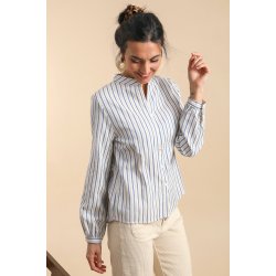 Bomuldsskjorte - Kina Krave - Bl / hvid strib