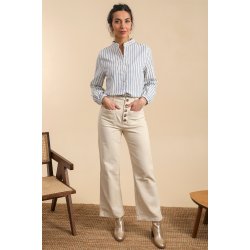 Bomuldsskjorte - Kina Krave - Bl / hvid strib