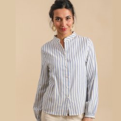 Bomuldsskjorte - Kina Krave - Bl / hvid strib