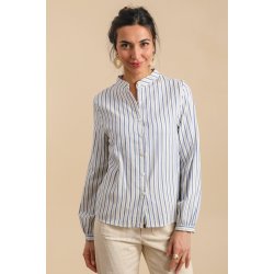 Bomuldsskjorte - Kina Krave - Bl / hvid strib