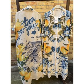Oversize Skjortekjole - Bl� Blomster & Citroner