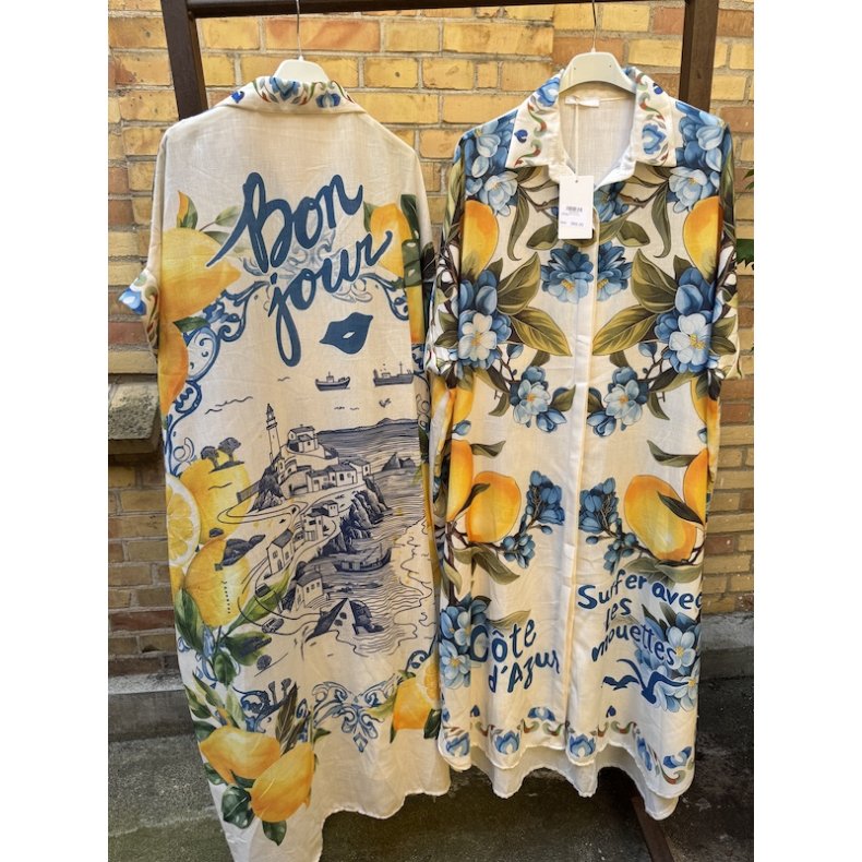 Oversize Skjortekjole - Bl� Blomster &amp; Citroner