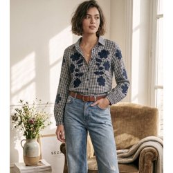 Bomuldskjorte - Blomster og tern - Navy