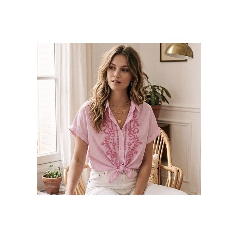 Bomuldskjorte - Kort �rme -Lyserr�d broderi