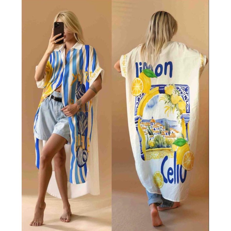  Oversize Skjortekjole - Bl� strib Lemon