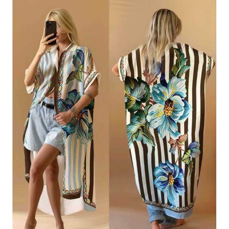 Brun /bl� - Oversize Skjortekjole LEVERING CA 5 JULI