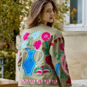 Broderet Jakke - Farverigt blomster mnster