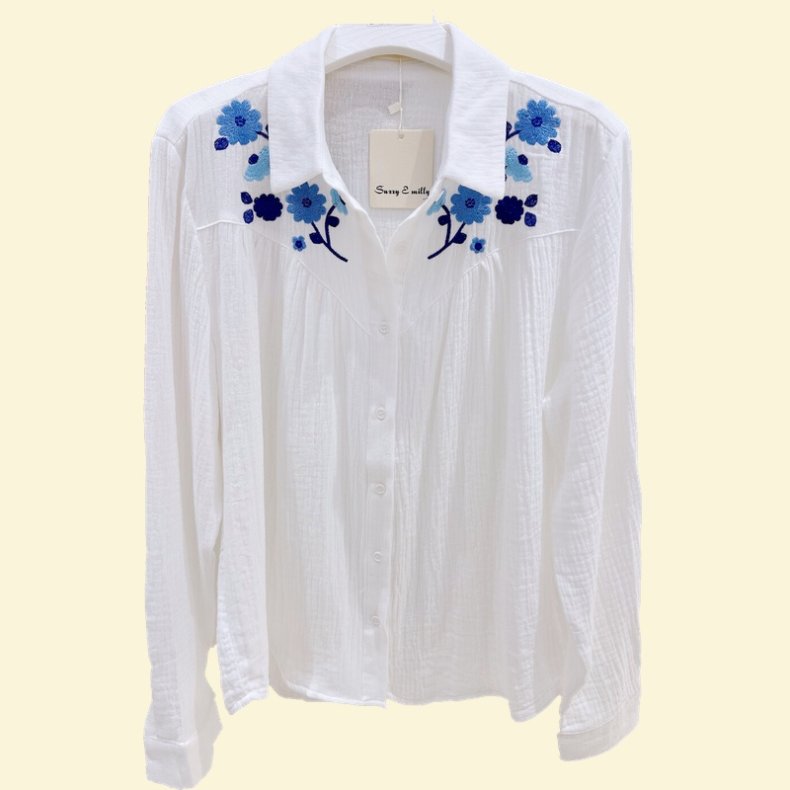 Bomuldskjorter - Blå Blomster Broderi