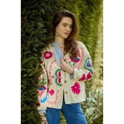 Broderet Jakke - Farverigt blomster - Beige