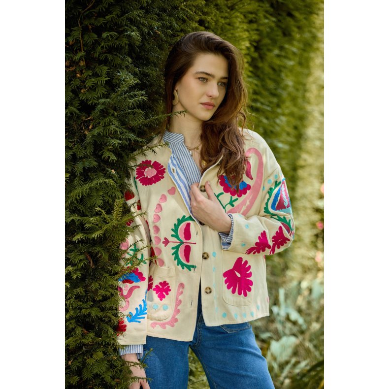 Broderet Jakke - Farverigt blomster - Beige