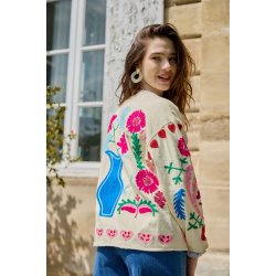 Broderet Jakke - Farverigt blomster - Beige