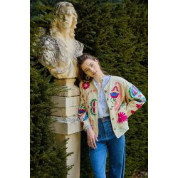 Broderet Jakke - Farverigt blomster - Beige