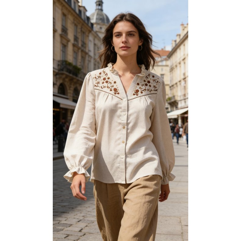 Ternet skjorte med broderi - Beige