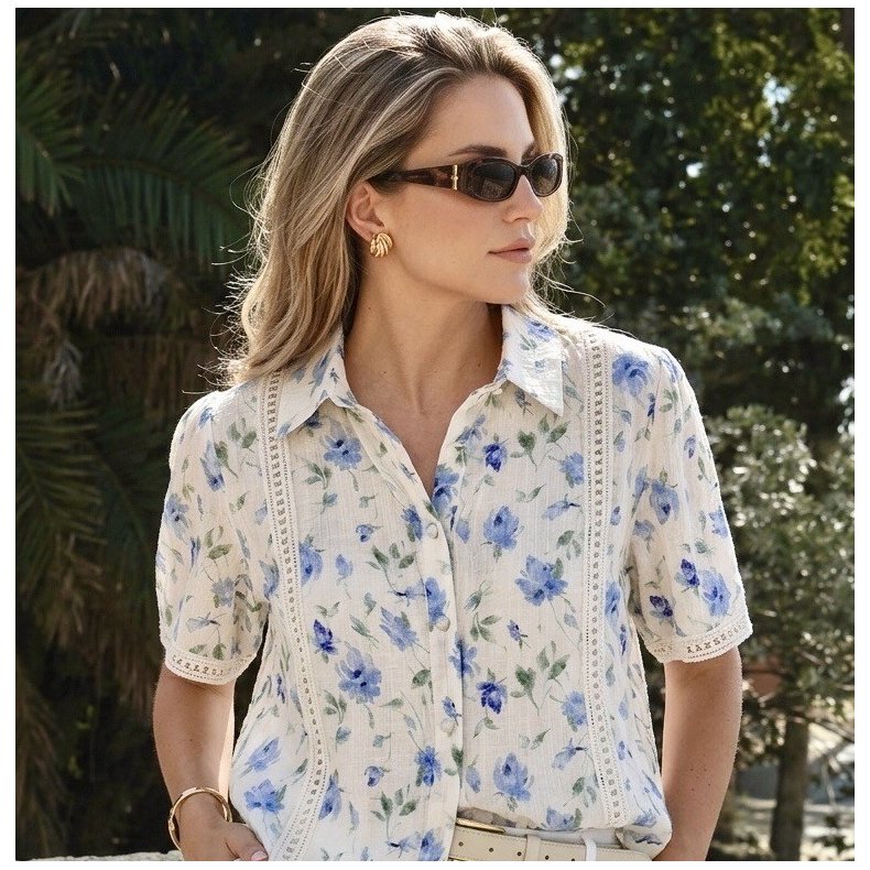 Skjorte Bluse - Bl� Blommster