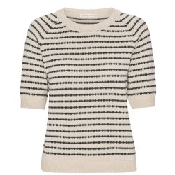 Grobund - Ida Stribet strikbluse - Mrkgrn / Creme-beige
