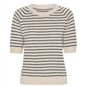 Grobund - Ida Stribet strikbluse - Mrkgrn / Creme-beige