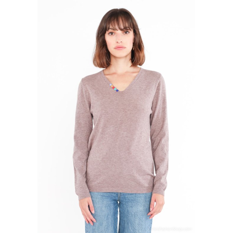 V-hals Sweater multi knapper   L/XL Vlg farve