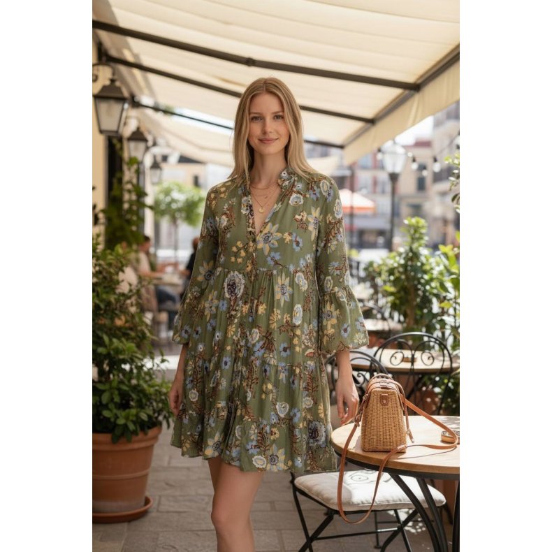 Kort Penny Kjole - Oliven Blomst