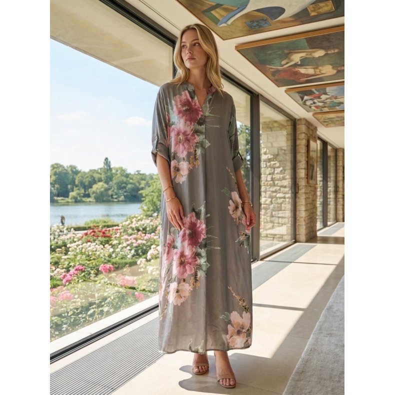 Lang Satin Kjole - Blomster - Taupe 