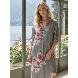 Lang Satin Kjole - Blomster - Taupe 