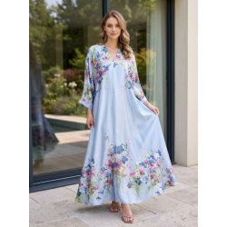 Lang maxikjole med blomster - Lys Bl�