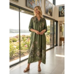 Lang Satin Kjole - Blomster - Kaki