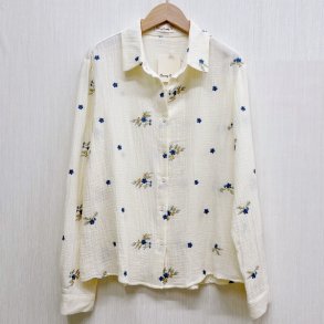 Bomulds Skjorte - Bl broderi blomster 