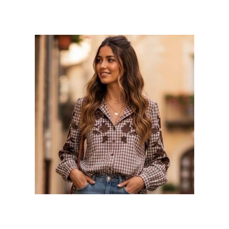 Bomuldskjorte - Brun broderi