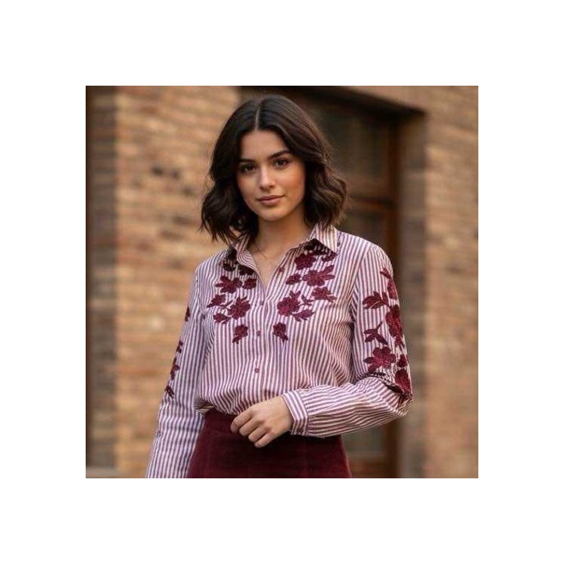 Bomuldskjorter - Rd broderi blomster