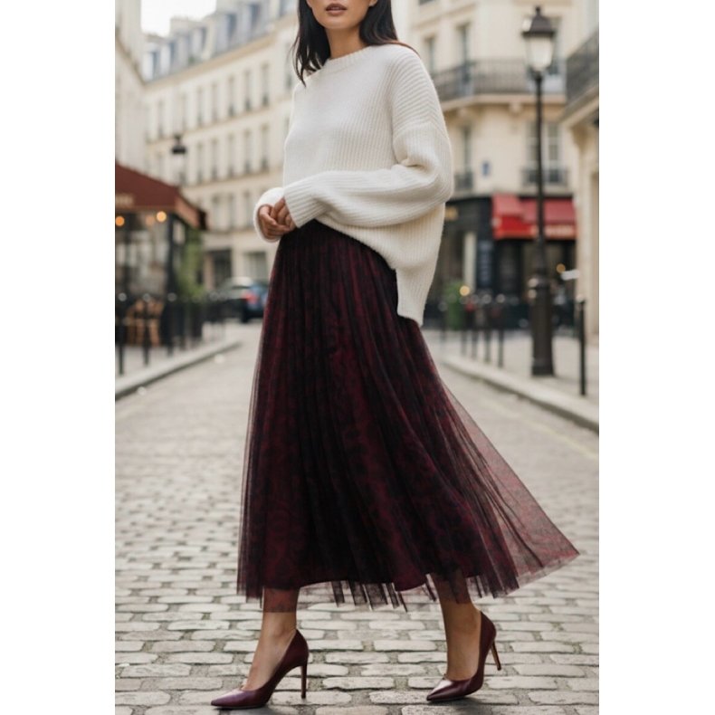 Tyl Nederdel - Leopard M�nster - Bordeaux