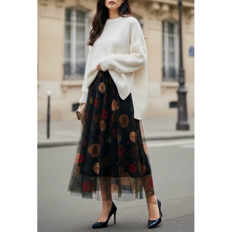 Tyl Nederdel - Blomster - Sort