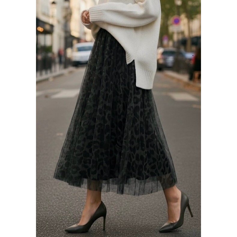 Tyl Nederdel - Leopard M�nster - M�rke Gr�n