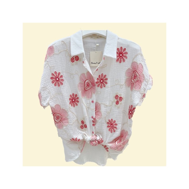 Hvid skjorte - Rosa broderi